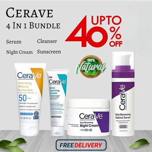 CERAVE 4-in-1 Skincare Kit | Cleanser, Night Cream, Retinol Serum & Sunscreen